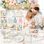 Gender Reveal Decorations,271pcs Greenery Boy or Girl Gender Reveal Plates and Napkins Cups Banner Backdrop Tablecloth Cake Topper Balloon for He Or She Gender Reveal Decorations - Image 3