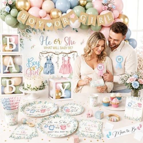 Gender Reveal Decorations,271pcs Greenery Boy or Girl Gender Reveal Plates and Napkins Cups Banner Backdrop Tablecloth Cake Topper Balloon for He Or She Gender Reveal Decorations - Image 3