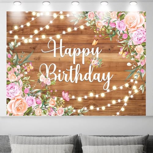 Happy Birthday Backdrop, Rustic Wooden Butterfly Glitter Lights Pink Floral Poster Party Supplies Photo Background for Women, Pink Floral Party Decoration Background for 20th 30th Women Girl 15X10ft - Image 2