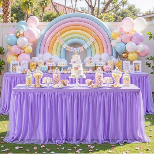Purple Table Cloth Spandex Table Covers 8ft Fitted Tulle Tablecloth Rectangular Desk Skirt Stretch Lavender Lilac Table Cloths Covers Party Banquet Birthday Baby Shower Wedding Table Cloth, 2 Pack - Image 3