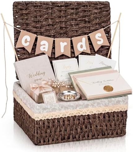 Gerrii Wedding Party Decoration 12 x 9.4 x 5.3 in Large Wicker Storage Basket with Lid Wedding Card Box and Card Banner Set Money Envelope Box Gift for Baby Shower Favor Supplies(Coffee) by Gerrii