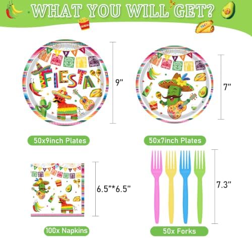 250 Pcs Mexican Fiesta Plates and Napkins, 50 Guests Disposable Cinco de Mayo Party Dinnerware Mexico Tableware Set for Mexican Theme Taco Tuesday Holiday Party Supplies - Image 2