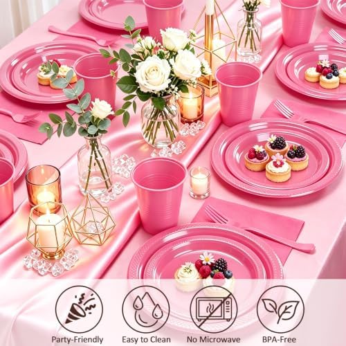 Hot Pink Plastic Party Plates Set 30 Guest Disposable Pink Party Supplies - Image 4