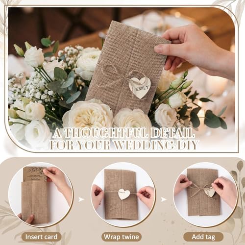 Tosstuki 50 Sets Pre-folded burlap Wedding Invitation Jackets for 5x7 Cards, Rustic Wedding Wraps with Wooden Heart Pendants Accessories for Bridal Shower & Vintage Party Decor - Image 4