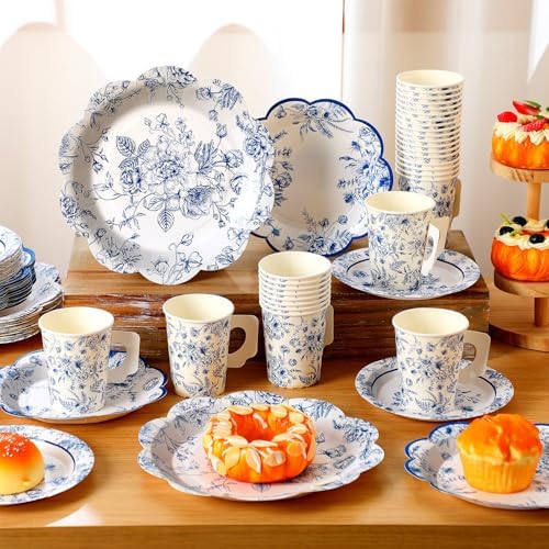 Pickmesh 252 Pcs Blue Floral Tea Party Supplies for 36 Guests Blue and White Porcelain Paper Disposable Dinnerware Floral Teacups with Handle and Saucers Set for Tea Party Decorations Birthday Wedding - Image 3