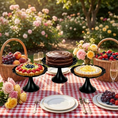 3 Pcs Black Metal Cupcake Stand Scalloped Edge Dessert Display Tray - Image 2