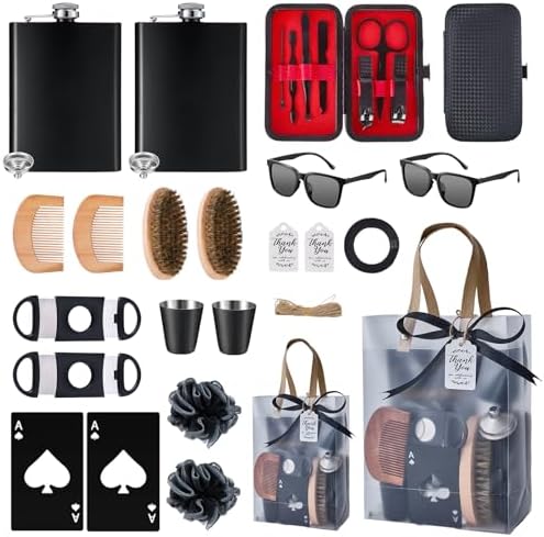 Baby Shower Prizes for Men 2 Set with 8oz Stainless Steel Hip Flask Bottle Opener Manicure Kit Bath Sponge Sunglasses Gift Bag Baby Shower Game Prizes for Winner Bachelor Party (Black, 2 Sets) by WishFond