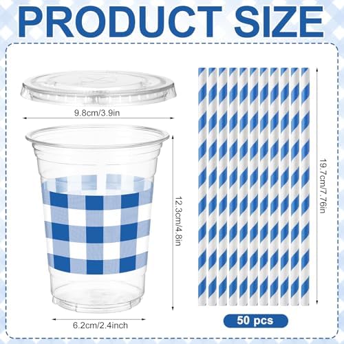 Sliner 50 Sets 16oz Royal Blue White Gingham Party Plastic Cups - Image 3