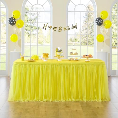 167in Yellow Tulle Table Skirts for Rectabgle Tables 6/8ft, 2-Layer Gold Grim Ruffle Tulle Tutu Cloth Table Skirt 14ft Decor Bee Themed Birthday Party Wedding Baby Shower Cake Dessert(No Table Cover) by ENJOYYOURPARTY