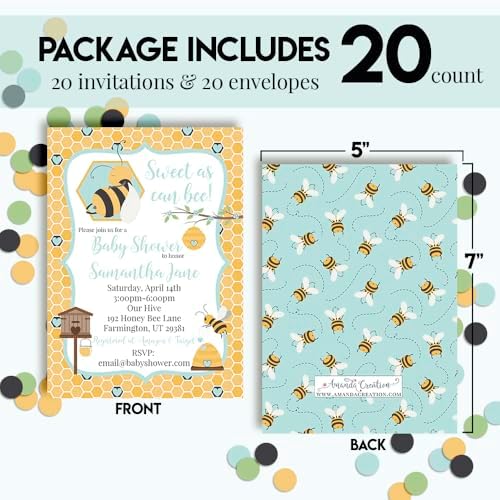 Custom Baby Shower Invites Bumble Bee Invitation for Boys, 20 Pack of 5x7 Personalized Honeycomb Invites with Envelopes - Unique Bumble Bee Baby Shower Cards by AmandaCreation - Image 4