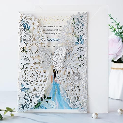 Hosmsua 5.12 x 7.3 Inch 20PCS Laser Cut Butterfly Quinceanera Invitation Kit Lace Flora Wedding Invitations with Envelopes for Quinceañera Wedding Bridal Shower Invite (Silver Glitter) - Image 4