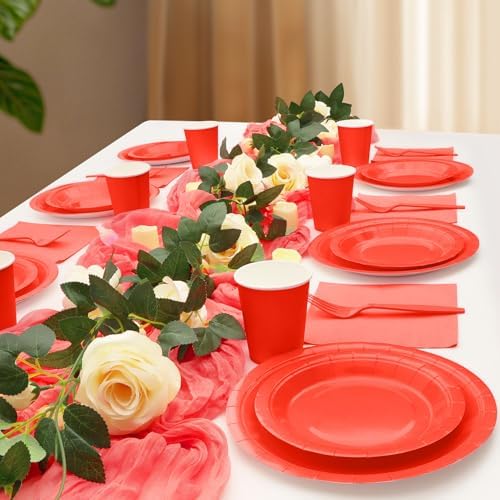 250Pcs Red Paper Plates and Napkins Party Supplies Include 9’’Disposable Red Party Plate, 7’’Dessert Plates Cups Napkins Forks Sets for Birthdays, Weddings, Graduations, Valentines, Serves 50 - Image 5