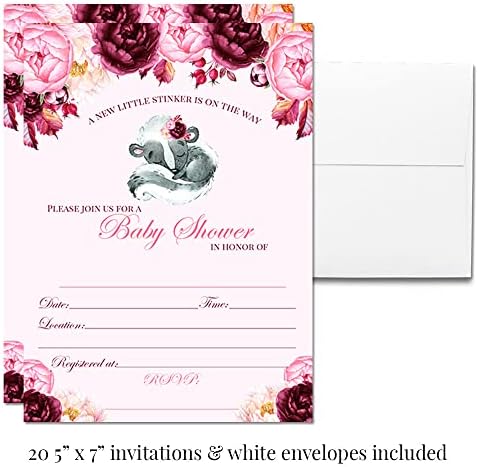 Little Stinker Watercolor Pink Burgundy Floral Girl Baby Shower Party Bundle Includes 20 Invitations with Envelopes + 4 Sizes of Decorative Stickers, Diaper Tickets & Bring a Book Cards - Image 4