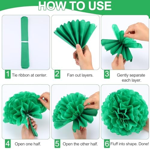 Janinka 72 Pcs Green Tissue Paper Pom Poms Green, 6-12 Inch - Image 3