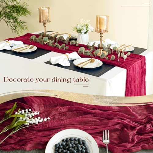 Sioloc Burgundy Red Cheesecloth Table Runner Fall Autumn Decor for Home 10ft Table Cloth for Wedding Birthday Party Bridal Shower Christmas Halloween Thanksgiving - Image 4