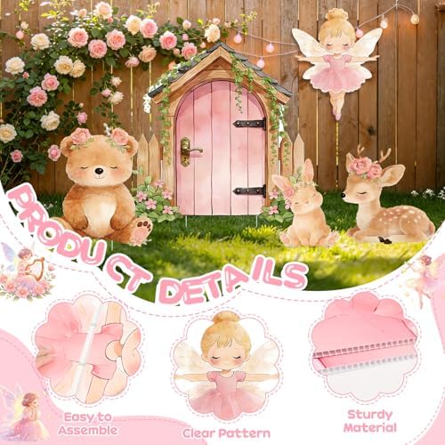 5Pcs Pink Fairy First Birthday Decorations, Large Bunny Bear Deer Fairy House Cardboard Cutout, Woodland Fairy Baby Shower Photo Booth Prop Princess Birthday Party Outdoor Indoor Decor - Image 5