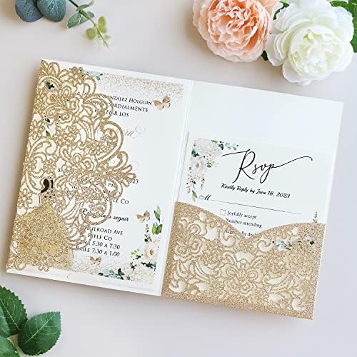 Hosmsua 50PCS Gold Glitter Laser Cut Invitation Pocket, 5.12 x 7.2 Laser Cut Lace Flora Wedding Invitation Pockets with Envelopes for Wedding Engagement Quinceanera Invite (No Inner Sheet) - Image 2