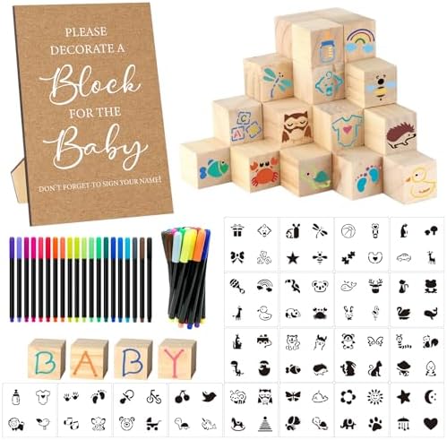 97 Pcs Baby Shower Game Sign Set Includes Decorative Square Signs 56 DIY Blank Wooden Blocks 20 Fabric Pens Baby Shower Game Prizes（Classical by SytuHete