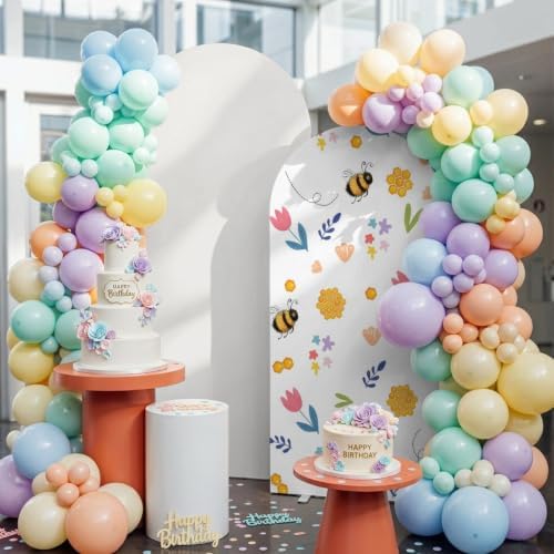 Arch Backdrop Cover for Wedding Spring Flowers Cute Bees 7.2FT Stretch Spandex Party Arch Cover, Fabric Backdrop Banner for Baby Shower, Birthday, Bridal Shower Decor Pink Tulips Honeycombs White - Image 2