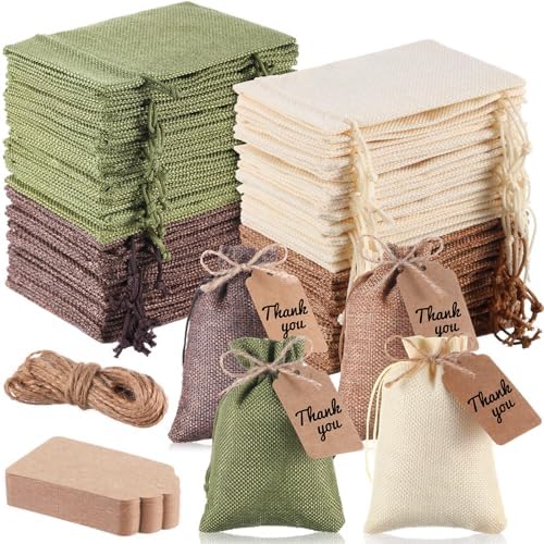 Woanger 100 Pcs Drawstring Burlap Gift Bags 4x6'' with Tags, Brown Green by Woanger