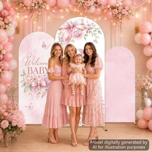 3PCS Welcome Baby Arch Backdrop Covers Pink Floral Party Decorations - Image 7