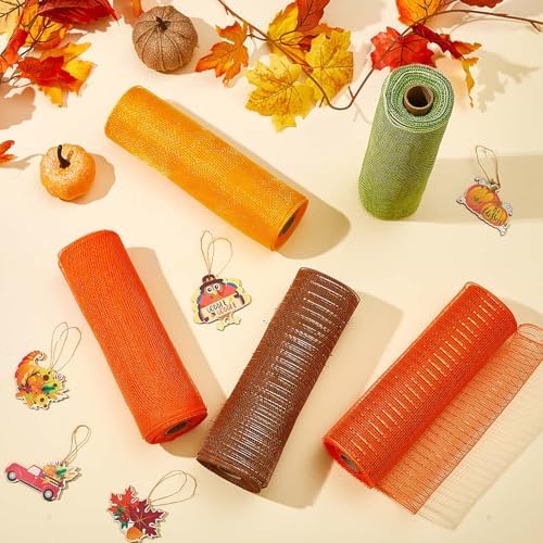 5 Rolls Fall Thanksgiving Mesh Ribbon and 5 Wood Signs, Orange - Image 4