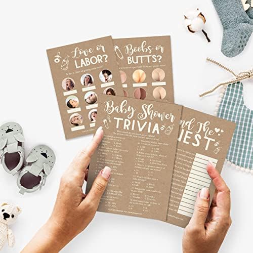 Hadley Designs - 25 Rustic Trivia Game, 25 Find The Guest Game, 25 Love Or Labor Game, 25 Boobs Or Baby Butts - 4 Double Sided Cards Baby Shower Ideas, Gender Reveal Games Baby Shower Games - Image 2