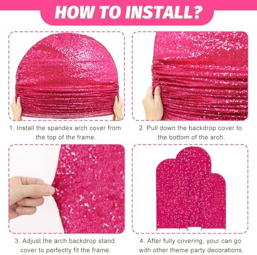 MODFUNS Hot Pink Wedding Arch Cover Sequins Arch Cover Set of 3 Spandex Arch Stand Covers 6ft 6.6ft 7.2ft Sparkle Backdrop Covers Rustic Fitted Arch Covering for Wedding Party Reception - Image 6