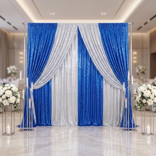 ShinyBeauty Blue and Silver Sequin Backdrop 4 Panels Shimmer Curtains Party - Image 5