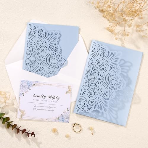 50PCS Tri-Fold Haze Blue Wedding Invitations with Envelopes and RSVP Cards - Image 5