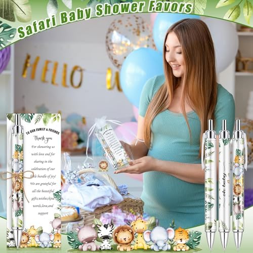 145 Pieces Safari Baby Shower Favors for Guest Wild Animal Ballpoint Pens and Keychains Gifts Bulk Retractable Jungle Baby Shower Pens Gender Reveal Thank You Cards Souvenirs Prizes - Image 4