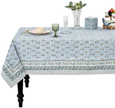 Ridhi Harbor Blue Hand Block Print Cotton Rectangle Tablecloth 54x54 inch Reusable Table Cover Decorative Everyday Use for Dining Room, Farmhouse, Home Gift for Spring, Summer by Ridhi