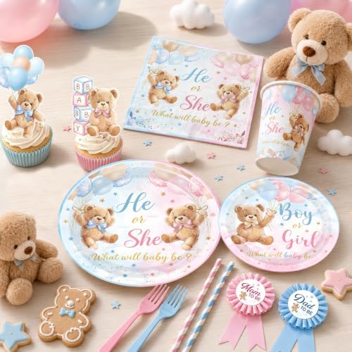 Bear Gender Reveal Decorations All-in-1 He or She Gender Reveal Decorations with Pink Blue Balloon Arch Baby Boxes Tableware Cake Toppers Tablecloth Backdrop Boy or Girl Bear Theme Party Supplies - Image 2