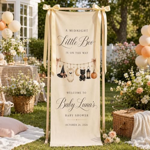 A Midnight Little Boo Halloween Baby Shower Satin Welcome Banner by Custom