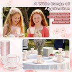 FillTouch 100 Sets Pink Floral Paper Tea Cups and Saucers Disposable Paper Tea Party Supplies 9 oz Cups with Handle and Saucer for Birthday Wedding Party Decorations - Image 5