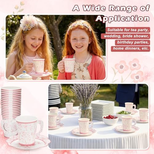 FillTouch 100 Sets Pink Floral Paper Tea Cups and Saucers Disposable Paper Tea Party Supplies 9 oz Cups with Handle and Saucer for Birthday Wedding Party Decorations - Image 5