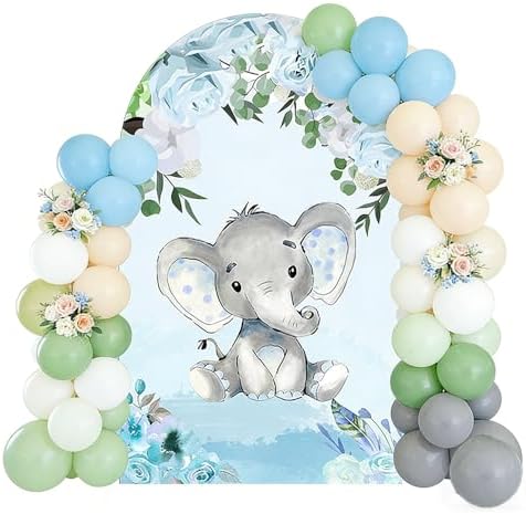 Baby Boy Elephant Arched Backdrop Cover for Birthday Party Baby Shower Decoration Double-Sided Arched Frame Stand Fabric Covers Dessert Table Decor by Iydamc