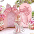Sensfun Pink Bow Arch Backdrop Cover Girls Coquette Birthday Decorations,2-Sided Pastel Pink Bowknot Chiara Backdrop Arch Covers for Women Wedding Bridal Baby Shower Bday Party Banner Décor 3.3x6.5ft - Image 2