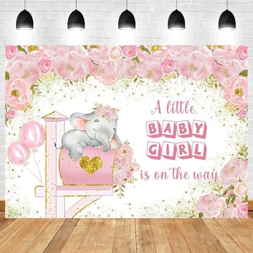 10x5ft Elephant Baby Shower Backdrop A Little Baby Girl is On The Way Photography Background Pink Floral Balloon Mailbox Baby Girls Party Banner Decorations Newborn Portrait Photo Booth Prop - Image 2