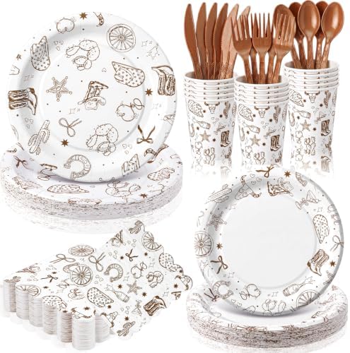 Honeydak 210 Pcs Western Cowboy Party Supplies for 30 Guests Single Western Cowgirl Birthday Plates Napkins Cup and Forks Tableware for First Rodeo Birthday Decorations by Honeydak