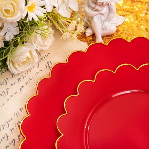 LIYH 60 Pcs Red Plastic Plates Disposable with Gold Edge Scalloped Red Gold Disposable Plates Includes 30 Dessert & 30 Dinner Plate Dishes Tableware for Party - Image 3