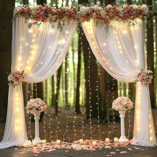 20ft x 10ft White Chiffon Backdrop Curtain with Lights String for Parties,4 Panels Sheer Tulle Curtain Wedding Backdrop for Baby Shower Birthday Party Ceremony Reception Home Decorations - Image 5