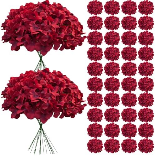 65Pcs Deep Red Hydrangea Artificial Flowers Bulk，Realistic Silk Fake Flowers with Stems，Faux Hydrangea Flowers for Wedding Home Decor Centerpieces Living Room Garden Party Baby Shower Decor by Cherica