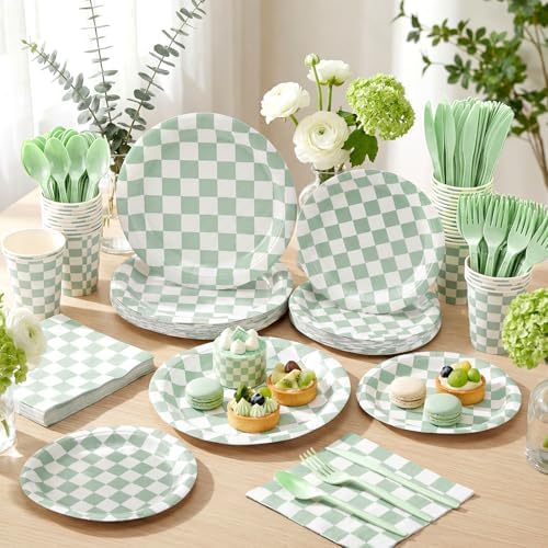 Pickmesh Sage Green and White Checkered Party Decorations Plates Serve 50 - Image 4
