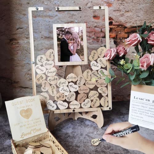Wedding Guest Book Alternative, Rustic Guest Book Wedding Reception with Wooden Box and 80pcs Hearts, Guest Book Signs for Wedding Anniversary Birthday Party Baby Shower Decorations - Image 3