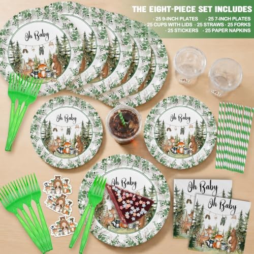 Woodland Baby Shower Plates, Green, Serves 25, Disposable Tableware Set - Image 4