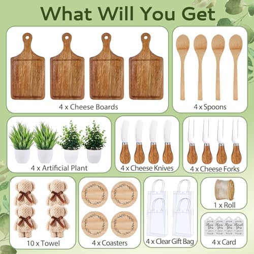 38Pcs Baby Shower Prizes for Game Winners Acacia Cheese Board Fork Butter Spreaders Coasters Towel Artificial Potted Plant Gift Bag for Baby Shower Bridal Shower Favors (4 Sets, Acacia Square Shaped) - Image 4