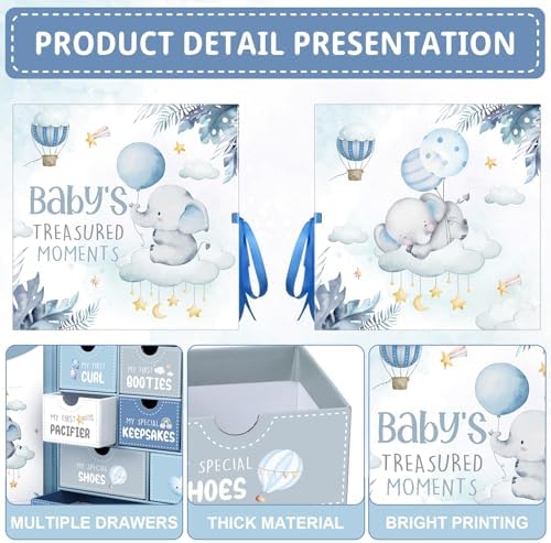 Beeveer Baby Keepsake Box Newborn Memory Organizer with 9 Labeled Compartments First Keepsake Book Gift Box for Pregnancy Mother"s Day Baby Shower New Maternity(Blue,Blue Elephant) - Image 3