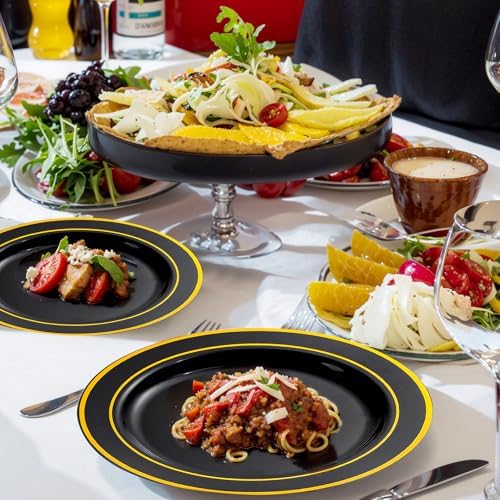 bUCLA 150 Pieces Black and Gold Disposable Dinnerware Set - 25 Guests Black Gold Plastic Plates Include 25 Dinner & 25 Dessert Plates, 25 Spoons, 25 Forks, 25 Knives, 25 Cups for Party & Graduation - Image 3