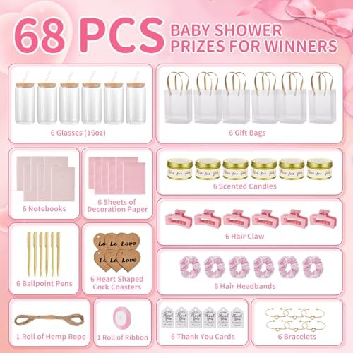68Pcs Baby Shower Prizes for Game Winners Gifts Wedding Bridal Shower Gifts Including Glass Cans Notebooks Soy Candles Hair Clips for Baby Shower Wedding Bridal Shower Game Prizes (Pink, 6 Sets) - Image 3